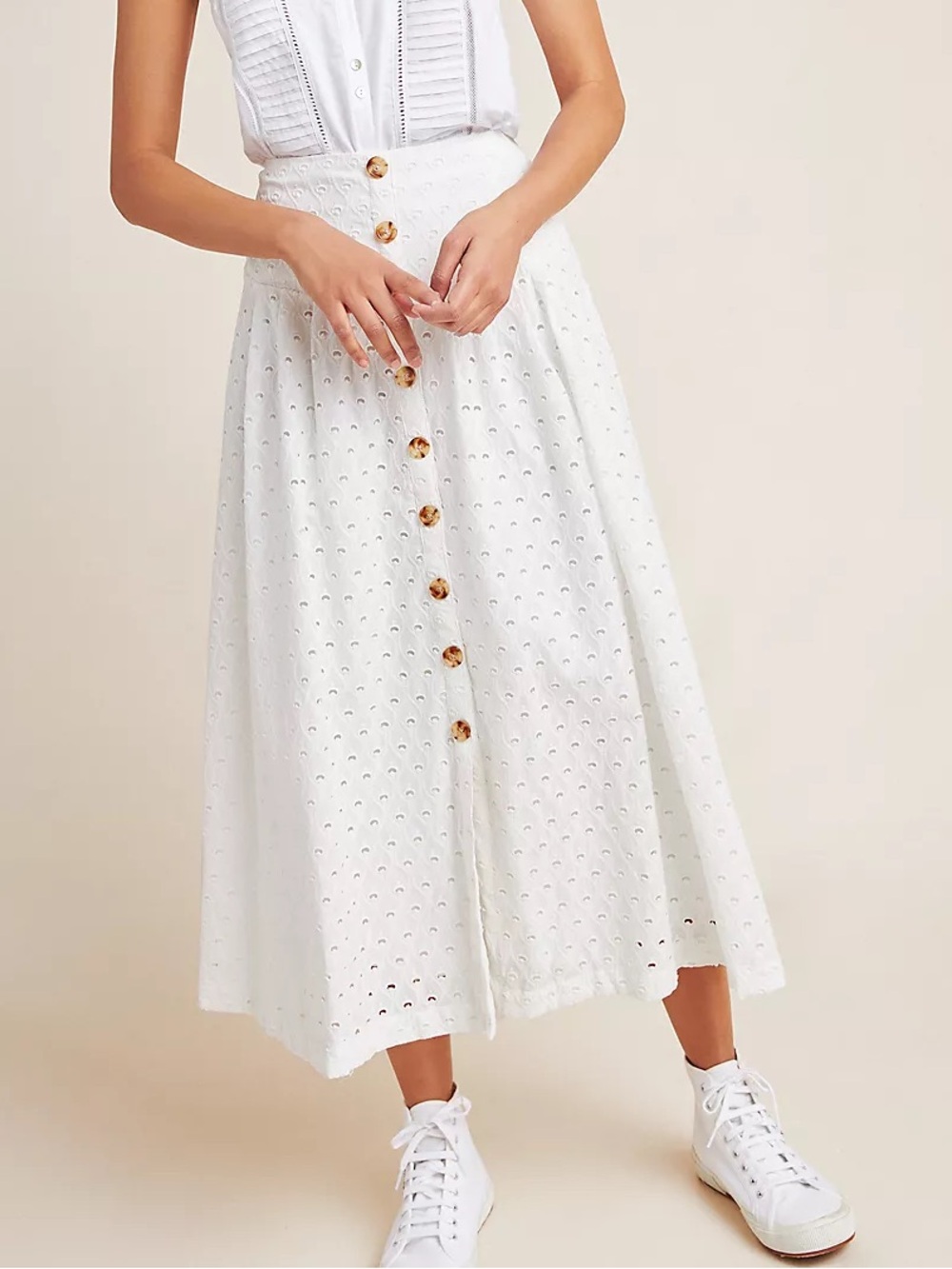 Maeve for Anthropologie Vanderbilt White Eyelet Button Front Midi Skirt size 0